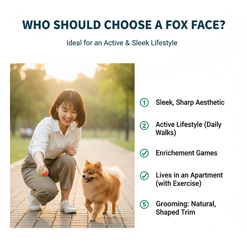 Infographic “Ai nên chọn mặt cáo” cho chó Phốc Sóc: cô gái dắt Pom chơi ngoài công viên; checklist gồm gu gọn–sắc, đi dạo hằng ngày, trò chơi trí tuệ, sống căn hộ có vận động, grooming tỉa gọn tự nhiên.