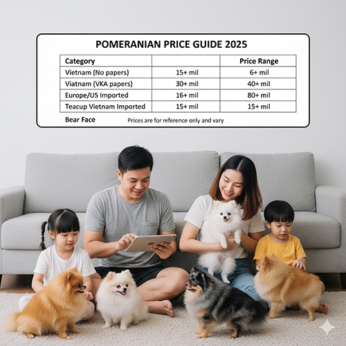 Bảng giá chó Phốc Sóc 2025 theo nguồn gốc và size; gia đình chơi cùng đàn Pom trong phòng khách; giá chỉ mang tính tham khảo.