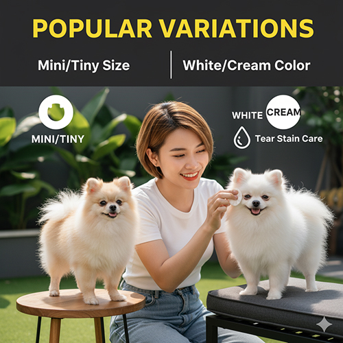 Infographic biến thể phổ biến Pom mặt gấu: size mini/tiny & màu trắng/kem; cô gái chăm hai Pom ngoài trời; lưu ý chăm ố lông mắt.