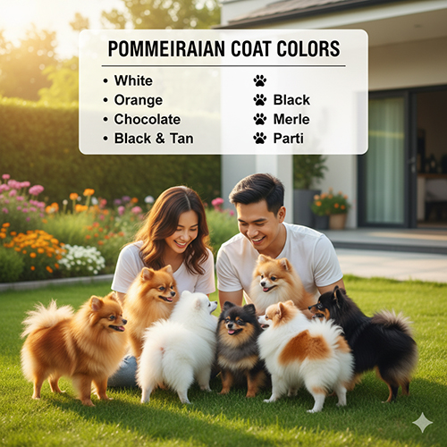 Đôi bạn trẻ chơi với đàn chó Pomeranian nhiều màu (trắng, cam, đen, chocolate, black & tan, merle, parti) trong vườn; minh họa bộ lông kép dày đặc trưng.