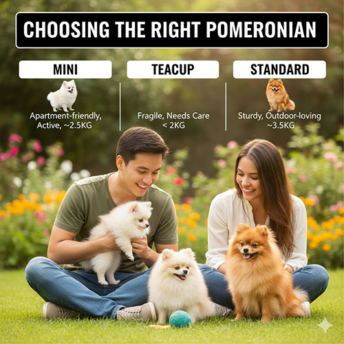 Cặp đôi ngồi trên bãi cỏ chơi với ba chó Phốc Sóc; đồ họa “Choosing the Right Pomeranian” kèm ba nhóm Mini, Teacup, Standard.