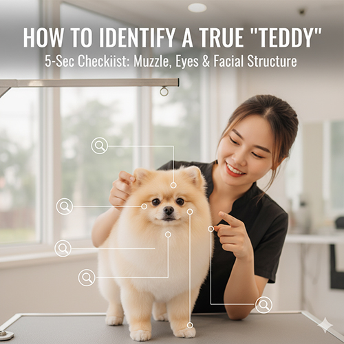 Infographic nhận biết chó Phốc Sóc mặt gấu (Teddy): groomer kiểm tra Pom trên bàn; mô tả mõm ngắn dày, stop rõ, mắt tròn vừa, má đầy, tai nhỏ dựng.