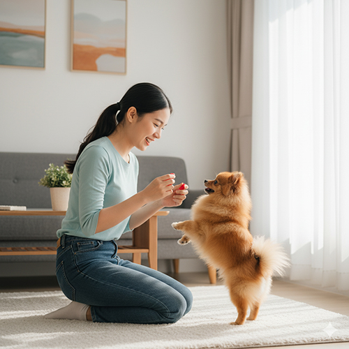 Cô gái trẻ đang huấn luyện chó Phốc Sóc màu vàng cam trong phòng khách – minh họa cho cách nuôi và chăm sóc Pom đúng cách