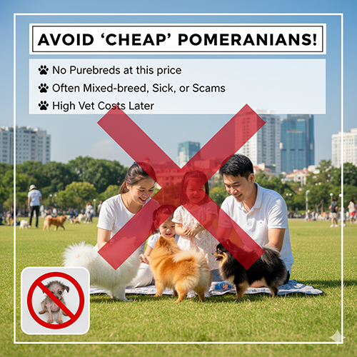 Infographic cảnh báo không mua chó Phốc Sóc giá rẻ 100k–1 triệu; gia đình chơi với đàn Pom ở công viên, dấu X đỏ, nêu lý do: không thuần chủng, rủi ro bệnh, dễ là lừa đảo, tốn phí thú y.