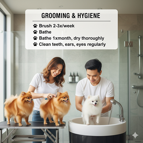 Đôi bạn trẻ chải lông và tắm cho chó Phốc Sóc (Pomeranian) trong phòng tắm; hướng dẫn: chải 2–3 lần/tuần (mùa rụng lông: hàng ngày), tắm 1 lần/tháng, sấy khô kỹ, vệ sinh răng, tai, mắt thường xuyên.