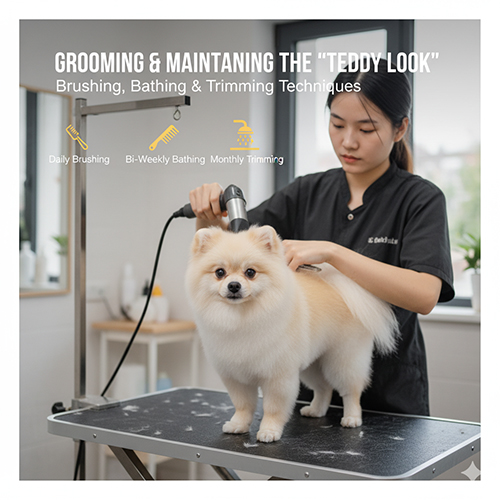 Chó Phốc Sóc mặt gấu đang được thợ chăm lông trên bàn; hướng dẫn chải tơi hằng ngày, tắm 2–3 tuần/lần, tỉa bo 4–6 tuần để giữ “teddy look” tròn đều.