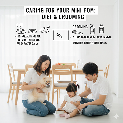 Gia đình cho chó Phốc Sóc mini ăn trong phòng bếp; đồ họa nêu khẩu phần hoàn chỉnh, sữa phù hợp, chải tai–lông hằng tuần và tắm/cắt móng định kỳ.
