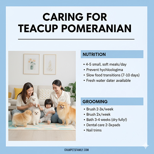 Infographic “Caring for Teacup Pomeranian” với gia đình chơi cùng ba chó Phốc Sóc teacup; hướng dẫn 4–5 bữa nhỏ, chuyển thức ăn 7–10 ngày, nước sạch; chải 2–3 lần/tuần, tắm 3–4 tuần/lần (sấy khô), vệ sinh răng và cắt móng