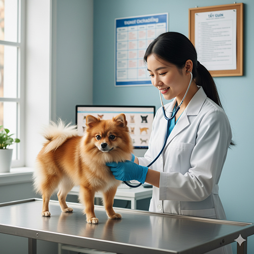 Bác sĩ thú y đang khám cho chó Phốc Sóc màu vàng cam – minh họa chăm sóc sức khỏe và phòng bệnh
