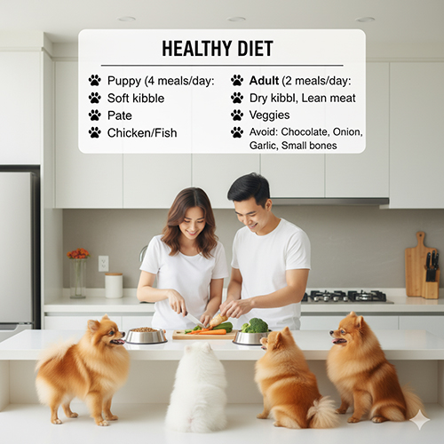 Cặp đôi chuẩn bị bữa cho 4 Pomeranian trong bếp; infographic Healthy Diet: puppy 4 bữa nhỏ, adult 2 bữa; tránh socola, hành, tỏi, xương nhỏ.