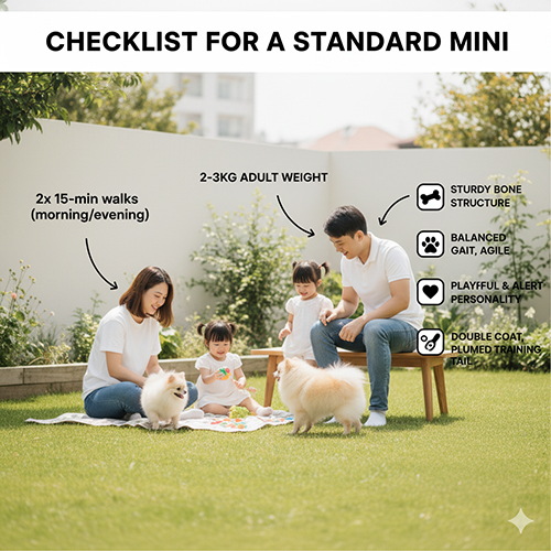 Gia đình ngoài vườn chơi cùng hai chó Phốc Sóc mini; đồ họa checklist nhận biết Pom mini chuẩn: cân nặng trưởng thành 2–3 kg, khung xương chắc, dáng đi cân bằng – linh hoạt, tính cách vui tươi cảnh giác, áo lông kép với đuôi phướn đặt cao; gợi ý đi dạo 2×15 phút/ngày.