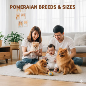 Gia đình chơi cùng ba chó Phốc Sóc (Pomeranian) trong phòng khách, minh hoạ các loại và size Pom phổ biến.