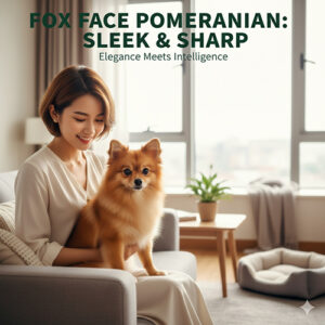 Ảnh đại diện chó Phốc Sóc mặt cáo (Fox Face Pomeranian) trong phòng khách sáng, dáng gọn gàng, thần thái sắc sảo.
