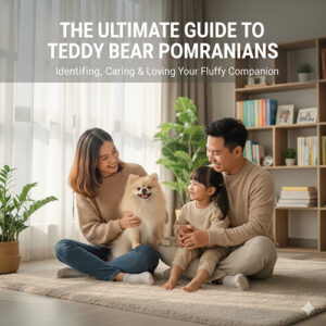 Ảnh đại diện chó Phốc Sóc mặt gấu (Teddy Bear Pomeranian) trong phòng khách ấm áp; mặt tròn bông xù, mõm ngắn dày, tai tròn; gia đình quây quần.