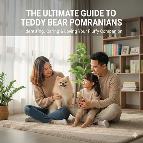 Ảnh đại diện chó Phốc Sóc mặt gấu (Teddy Bear Pomeranian) trong phòng khách ấm áp; mặt tròn bông xù, mõm ngắn dày, tai tròn; gia đình quây quần.