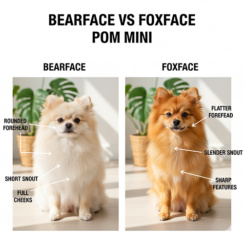 Hai chó Phốc Sóc mini đặt cạnh nhau minh họa bearface (trán vòm, mõm ngắn, má đầy) và foxface (trán phẳng hơn, mõm thon, nét sắc) trong phòng sáng.
