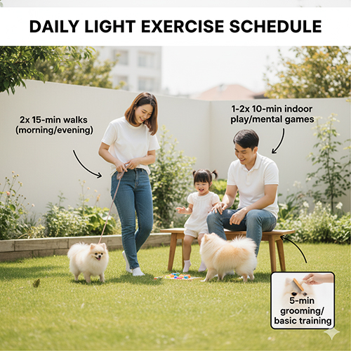 Gia đình dẫn hai chó Phốc Sóc mini vận động nhẹ ngoài vườn; chú thích lịch: 2 lần đi dạo 10–15 phút sáng/chiều, 1–2 phiên chơi trí tuệ 5–10 phút trong nhà và 5 phút grooming/huấn luyện cơ bản.