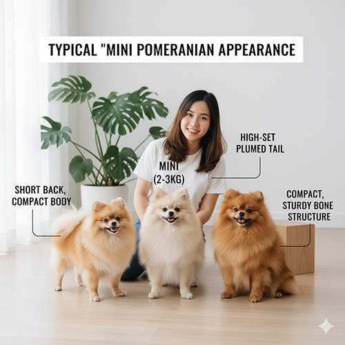 Cô gái ngồi cạnh ba chú Pomeranian minh họa ngoại hình “mini”: lưng ngắn, thân gọn, đuôi cuộn đặt cao, khung xương chắc trong phòng khách sáng.