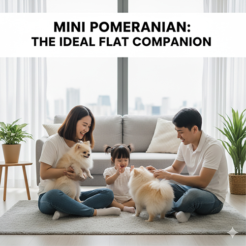 Gia đình trẻ vui đùa cùng hai chó Phốc Sóc mini (Pom mini) trong phòng khách căn hộ sáng sủa; giống chó nhỏ gọn, thân thiện, phù hợp nuôi chung cư.