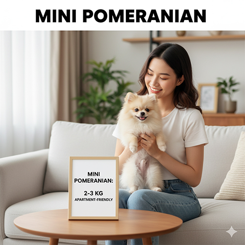 Người phụ nữ ôm chó Phốc Sóc Mini trên ghế sofa; bảng trên bàn ghi “Mini Pomeranian: 2–3 kg – apartment-friendly”.