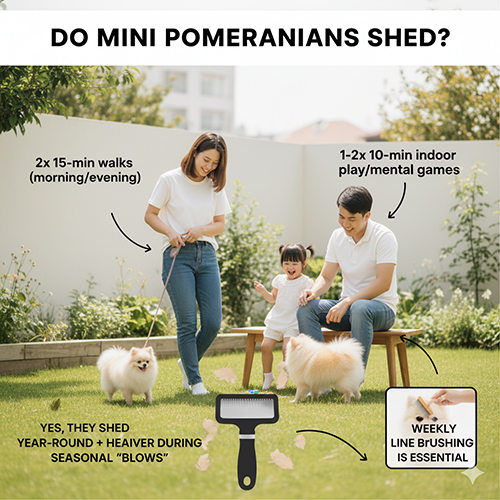 Gia đình ngoài vườn chơi cùng hai chó Phốc Sóc mini; minh họa câu hỏi “Do mini Pomeranians shed?” với lưu ý rụng lông quanh năm, rụng mạnh theo mùa và cần chải line hàng tuần.