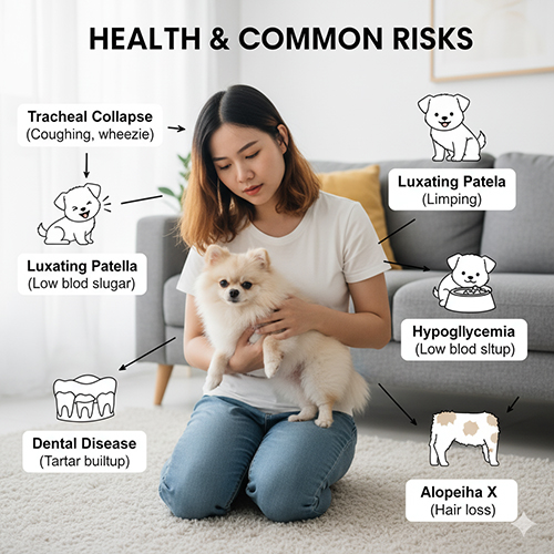 Cô gái ôm chó Phốc Sóc mini trong phòng khách; đồ họa chú thích các rủi ro thường gặp: hạ đường huyết, xẹp khí quản, trật xương bánh chè, bệnh răng miệng, Alopecia X.