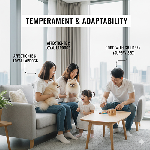 Gia đình trong căn hộ sáng sủa chơi cùng hai chó Phốc Sóc mini; minh họa tính cách quấn chủ, thân thiện và hợp với trẻ em khi có giám sát.