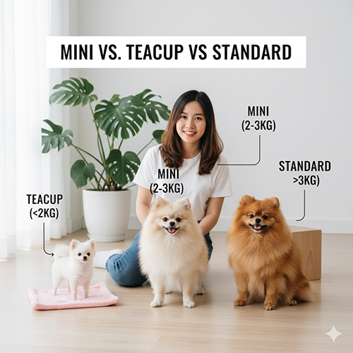 Phân biệt size Phốc Sóc: teacup 3kg; ba bé Pom cạnh cô gái trong phòng khách sáng.