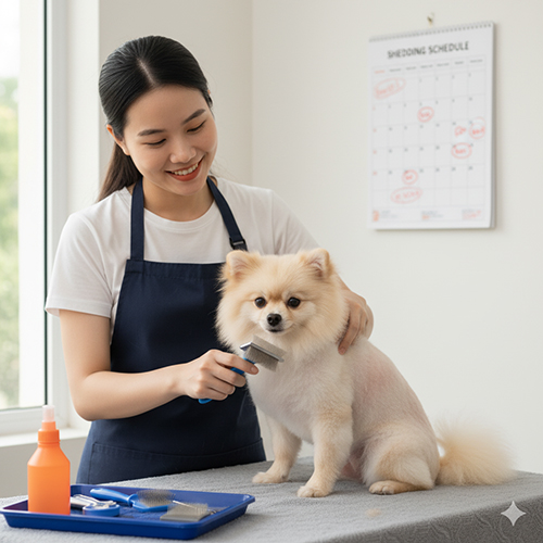 Chó Phốc Sóc đang được chải lông tại spa thú cưng – hỗ trợ chăm sóc trong giai đoạn thay lông