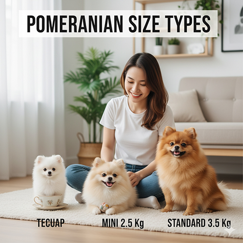 Người phụ nữ ngồi trên thảm với ba chó Phốc Sóc minh hoạ 3 size: Teacup, Mini, Standard; chữ “Pomeranian Size Types” trên ảnh.