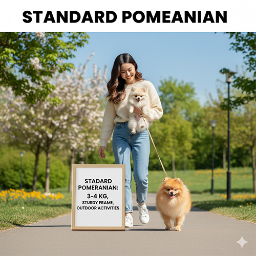 Người phụ nữ dắt một chó Phốc Sóc Standard và bế một bé khác trong công viên; bảng cạnh chân ghi “Standard Pomeranian: 3–4 kg, khung vững, outdoor activities”.