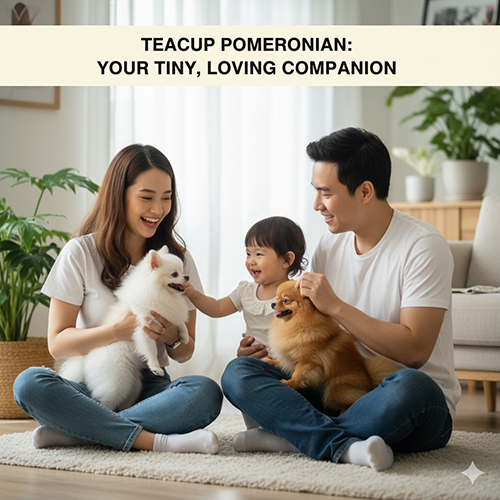 Gia đình trẻ vui đùa cùng hai chó Phốc Sóc Teacup (một trắng, một cam) trong phòng khách sáng, ảnh đại diện bài viết về Pom teacup