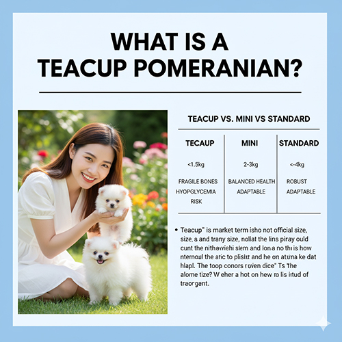 Infographic giải thích chó Phốc Sóc teacup là gì, kèm bảng so sánh Teacup <1,5 kg với Mini 2–3 kg và Standard <4 kg; cô gái bế hai Pom trắng ngoài vườn