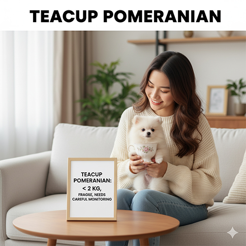Người phụ nữ ngồi trên sofa bế chó Phốc Sóc teacup trong một chiếc tách; bảng trên bàn ghi “Teacup Pomeranian: dưới 2 kg, cần theo dõi sát”; minh hoạ size teacup siêu nhỏ.