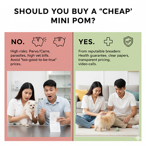 So sánh “không nên” vs “nên mua” Pom mini: khung trái cảnh báo giá siêu rẻ rủi ro Parvo/Carre, ký sinh trùng, viện phí cao; khung phải khuyến nghị mua từ trại uy tín có bảo hành sức khỏe, giấy tờ rõ ràng, giá minh bạch và video call xác thực; cặp đôi với chó Phốc Sóc mini minh họa.