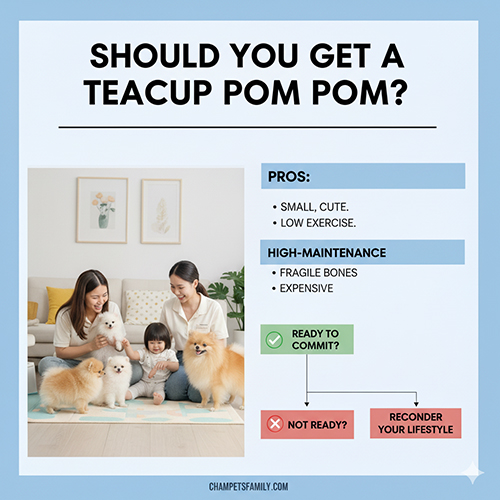 Infographic “Có nên nuôi Pom teacup?” với gia đình chơi cùng ba chó Phốc Sóc trong phòng khách; liệt kê ưu điểm, nhược điểm và checklist cam kết trước khi nuôi