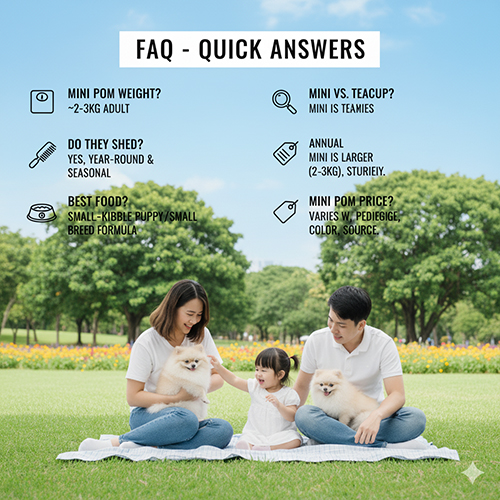 Gia đình ngồi trên thảm ở công viên cùng hai chó Phốc Sóc mini; đồ họa tóm tắt FAQ: cân nặng trưởng thành 2–3kg, rụng lông quanh năm (tăng theo mùa), thức ăn tốt là hạt small-breed, phân biệt mini với teacup và yếu tố ảnh hưởng giá.