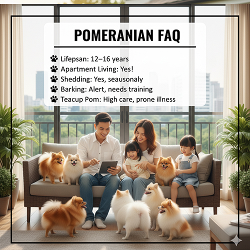 Infographic Pomeranian FAQ trong phòng khách chung cư: gia đình chơi với đàn chó Phốc Sóc; nêu tuổi thọ 12–16 năm, sống chung cư tốt, rụng lông theo mùa, hay sủa cần huấn luyện, Teacup cần chăm kỹ.