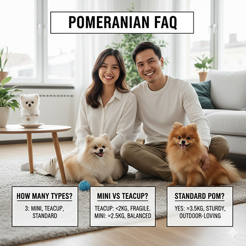 Cặp đôi ngồi phòng khách cùng ba chó Phốc Sóc; đồ họa “Pomeranian FAQ” nêu Mini, Teacup, Standard.