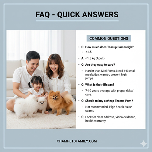 Infographic FAQ chó Phốc Sóc teacup với gia đình ba người chơi cùng ba bé Pom trắng và cam trong phòng khách; nêu cân nặng <1,5 kg, khó nuôi hơn mini, tuổi thọ 7–10 năm, cảnh báo mua giá rẻ và tips chọn nơi bán uy tín