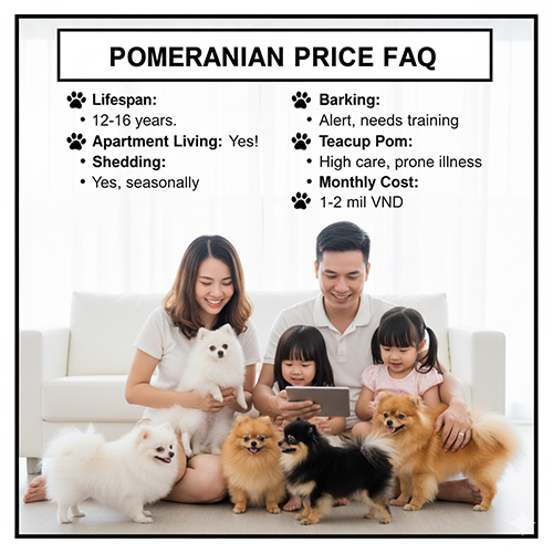 Infographic FAQ giá chó Phốc Sóc 2025: gia đình bên đàn Pomeranian; nêu tuổi thọ 12–16 năm, sống chung cư được, rụng lông theo mùa, hay sủa cần huấn luyện, Teacup chăm khó/dễ bệnh, chi phí nuôi 1–2 triệu/tháng.