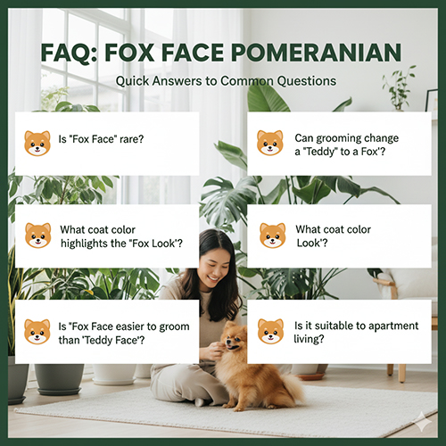 Infographic FAQ về chó Phốc Sóc mặt cáo (Fox Face Pomeranian): trả lời nhanh các câu hỏi thường gặp; cảnh người phụ nữ vuốt ve Pom trong phòng nhiều cây xanh.