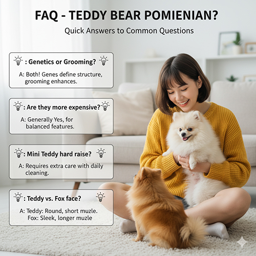 Infographic FAQ Phốc Sóc mặt gấu: cô gái ngồi trong phòng vuốt ve Pom trắng, phía trước có một Pom nâu; các câu hỏi về gen hay grooming, giá, nuôi mini, ố lông mắt, phân biệt teddy vs fox.