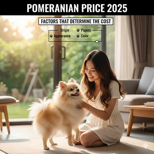 Infographic “Pomeranian Price 2025” với cô gái vuốt ve chó Phốc Sóc trong phòng khách, nêu các yếu tố quyết định giá: nguồn gốc, ngoại hình, giấy tờ, màu lông.