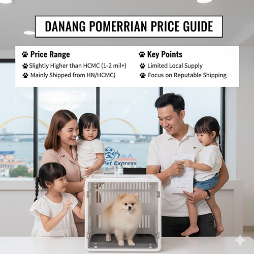 Infographic giá chó Phốc Sóc tại Đà Nẵng 2025; nguồn cung hạn chế, giá nhỉnh hơn TP.HCM 1–2 triệu; chủ yếu vận chuyển từ Hà Nội/TP.HCM; gia đình nhận Pom trong lồng vận chuyển.