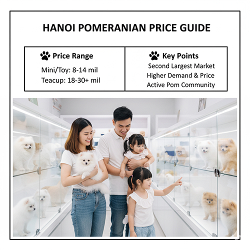 Infographic giá chó Phốc Sóc tại Hà Nội 2025: gia đình tham quan cửa hàng thú cưng, dãy chuồng kính với nhiều Pom; nêu khoảng giá Mini/Toy 8–14 triệu, Teacup 18–30+ triệu.