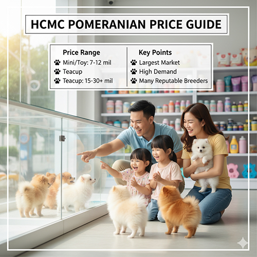 Infographic giá chó Phốc Sóc tại TP.HCM 2025: gia đình ngắm Pomeranian trong cửa hàng thú cưng, khung thông tin nêu khoảng giá và điểm nổi bật thị trường.