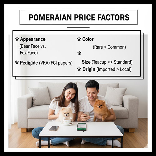 Infographic các yếu tố ảnh hưởng giá chó Phốc Sóc trong phòng khách: cặp đôi ôm hai Pom, điện thoại hiển thị bảng giá; tiêu chí gồm ngoại hình (mặt gấu > mặt cáo), giấy tờ VKA/FCI, màu lông (hiếm > phổ biến), kích thước (Teacup >> Standard) và nguồn gốc (nhập khẩu > trong nước).
