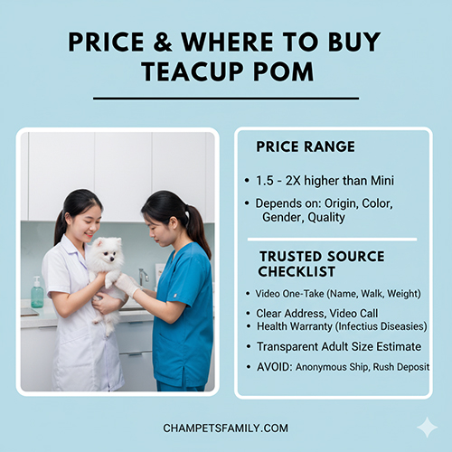 Hai nữ nhân viên thú y kiểm tra một chó Phốc Sóc teacup trắng trong phòng khám; infographic nêu khoảng giá cao hơn mini 1,5–2 lần và checklist chọn nơi mua uy tín