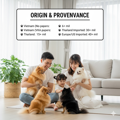 Infographic nguồn gốc & xuất xứ ảnh hưởng giá chó Phốc Sóc 2025; gia đình vui đùa cùng bốn Pom trong phòng khách; bảng giá: Việt Nam không giấy ≥6 triệu, Việt Nam có giấy VKA ≥15 triệu, nhập Thái Lan ≥30 triệu, nhập Âu/Mỹ >40 triệu.